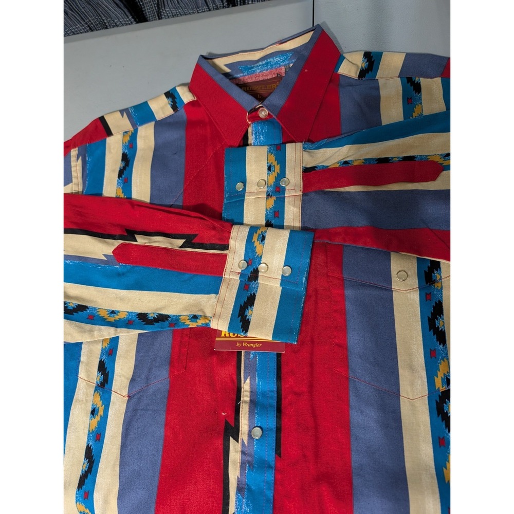Wrangler Red Blue Cream Striped Western Button-Down Shirt - Picture 6 of 8